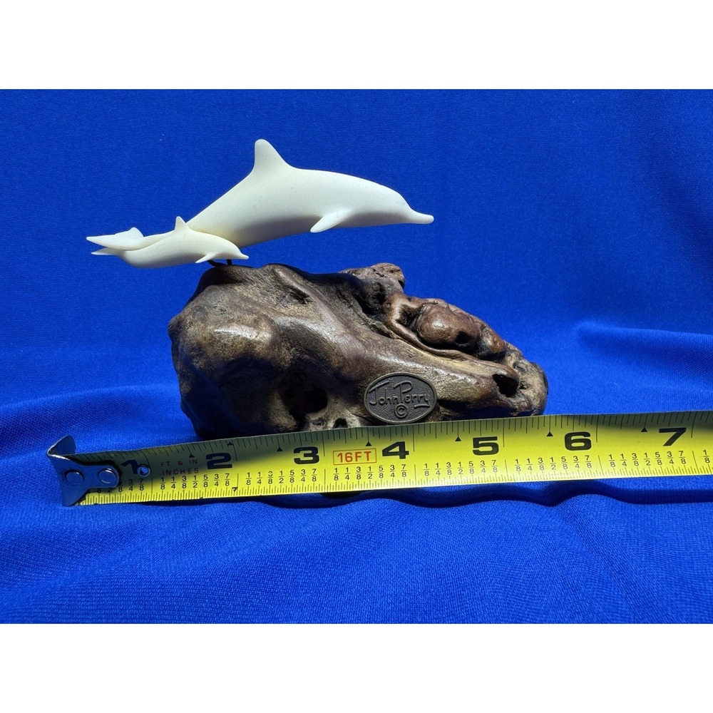 John Perry Pair Dolphin Figurines Burlwood Wood Base Sculpture Mother Calf VTG - Picture 8 of 9